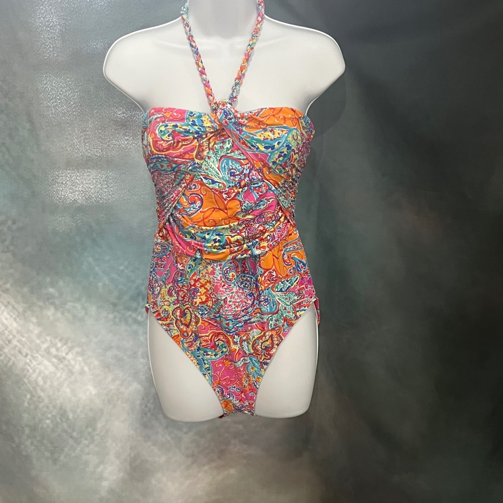 Lauren Ralph Lauren Paisley Ruched Halter One Piece Swimsuit Womens L